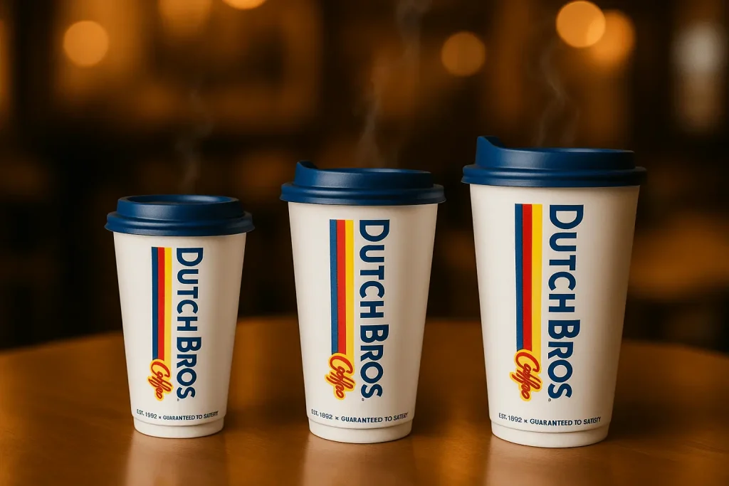 Three white Dutch Bros hot coffee cups in small, medium, and large sizes. Each cup has the Dutch Bros logo with vertical red, yellow, and blue stripes and a blue lid. Steam is rising from the cups, which are arranged on a wooden surface against a blurred, warm-toned background.