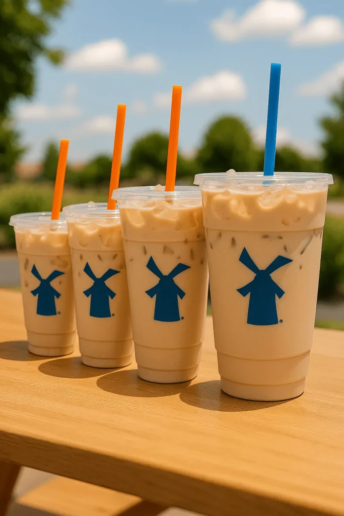 Four iced coffee drinks from Dutch Bros, ranging in size and arranged on a wooden table outdoors on a sunny day. Each clear plastic cup contains a creamy iced coffee with the blue windmill logo. The smallest three have orange straws, and the largest cup has a blue straw.