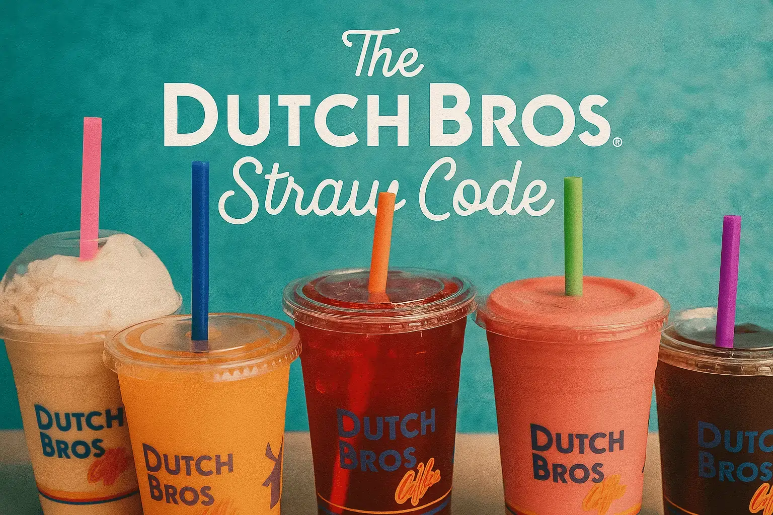 A row of Dutch Bros drinks with various colored straws, including pink, blue, orange, green, and purple, set against a teal background with the words "The Dutch Bros Straw Code" on it.