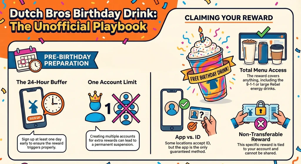 Dutch Bros birthday drink playbook featuring tips on total menu access for Rebel drinks and the one-account per person limit.