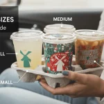 A person in a car holds a drink carrier with five Dutch Bros cups of various Dutch Bros sizes and designs, labeled as "Small," "Medium," and "Large" for a blog post titled "Dutch Bros Coffee Cup Sizes: The Ultimate Guide."