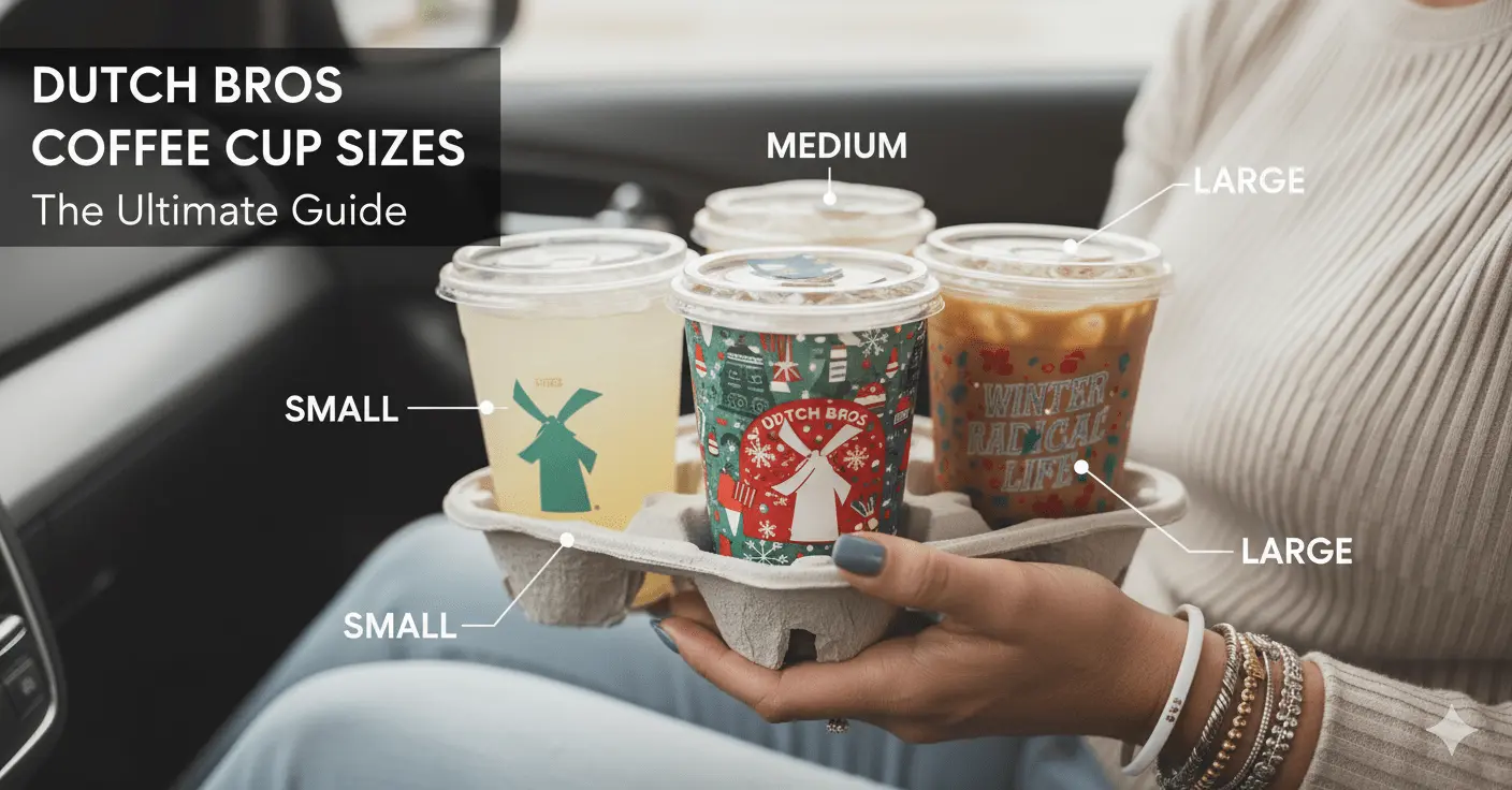 A person in a car holds a drink carrier with five Dutch Bros cups of various Dutch Bros sizes and designs, labeled as "Small," "Medium," and "Large" for a blog post titled "Dutch Bros Coffee Cup Sizes: The Ultimate Guide."