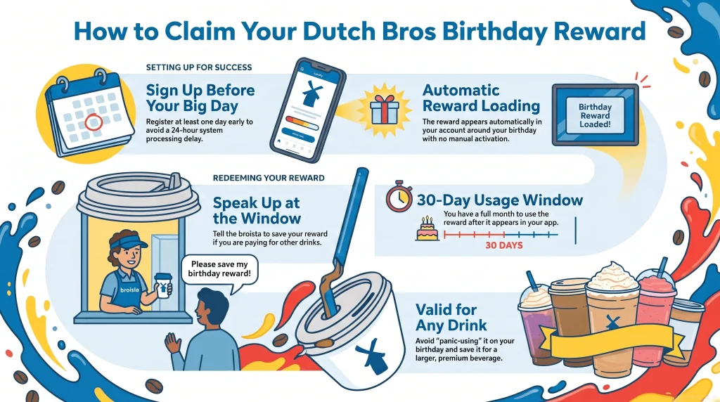 Infographic guide on how to claim a Dutch Bros birthday reward, detailing steps to sign up early, automatic app loading, a 30-day usage window, and redeeming at the drive-thru window for any drink.