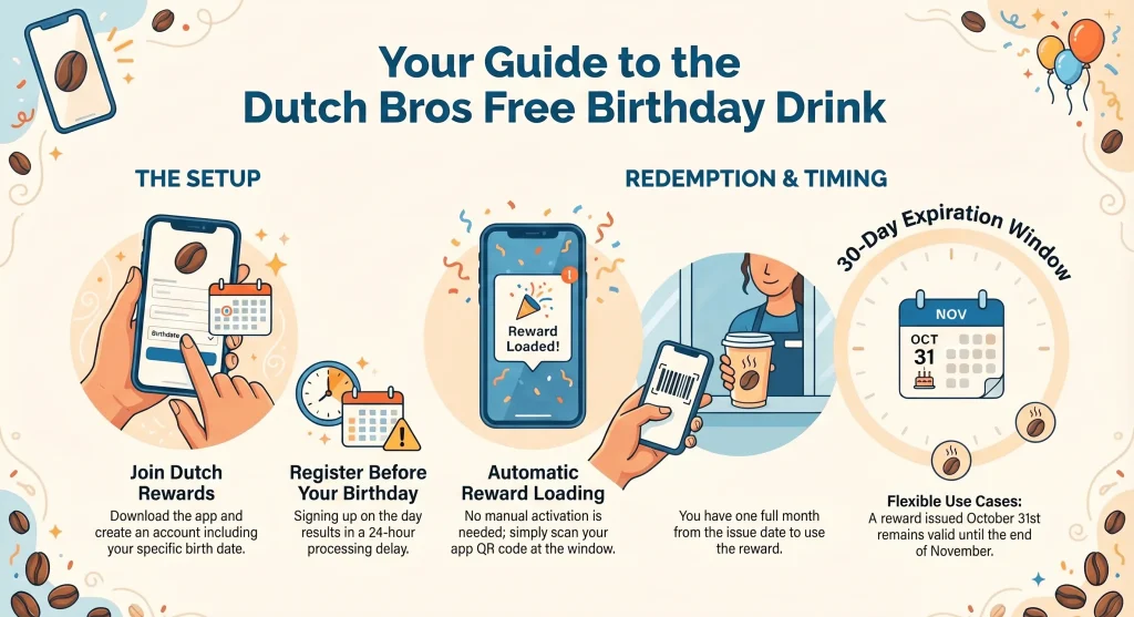 A step-by-step guide to the Dutch Bros birthday reward showing app setup, 24-hour registration delay, and the 30-day expiration window.