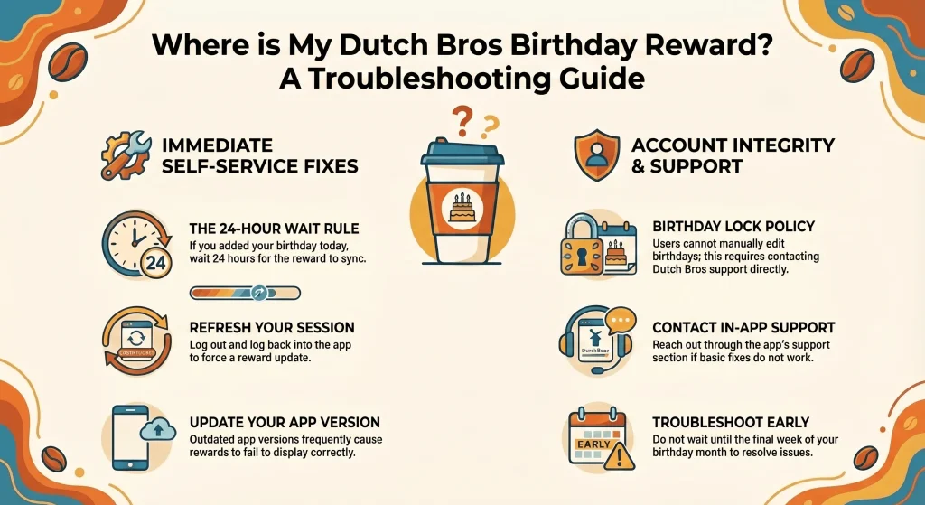 Troubleshooting guide for a missing Dutch Bros birthday reward explaining the 24-hour sync rule, app updates, and support contact info.