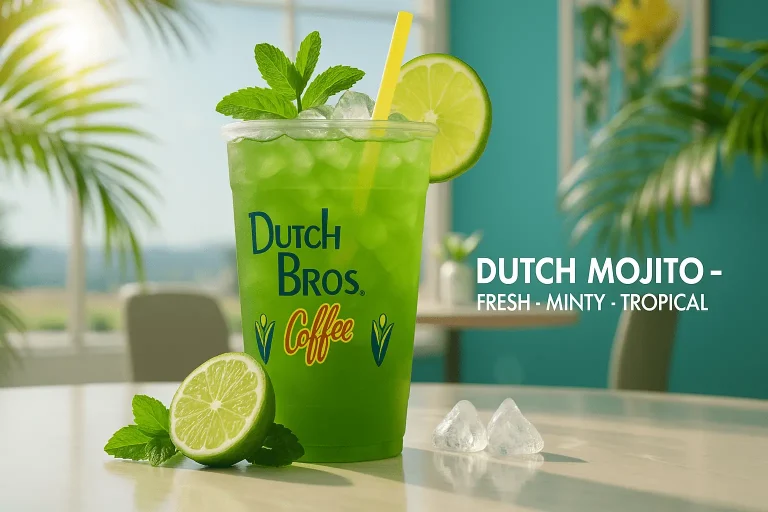 Dutch Mojito– Price, Ingredients, Calories & Secret Menu Tips (2025) 3 Dutch Mojito iced beverage from Dutch Bros. Coffee in a cup with a lime slice and mint, set on a table with a tropical background