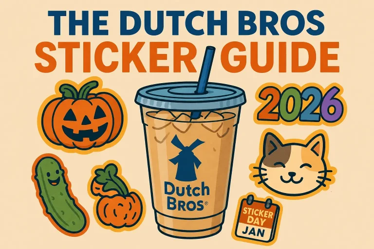 an banner image showing differet dutch bros stickers with a text saying THE DUTCH BROS STICKERS GUIDE