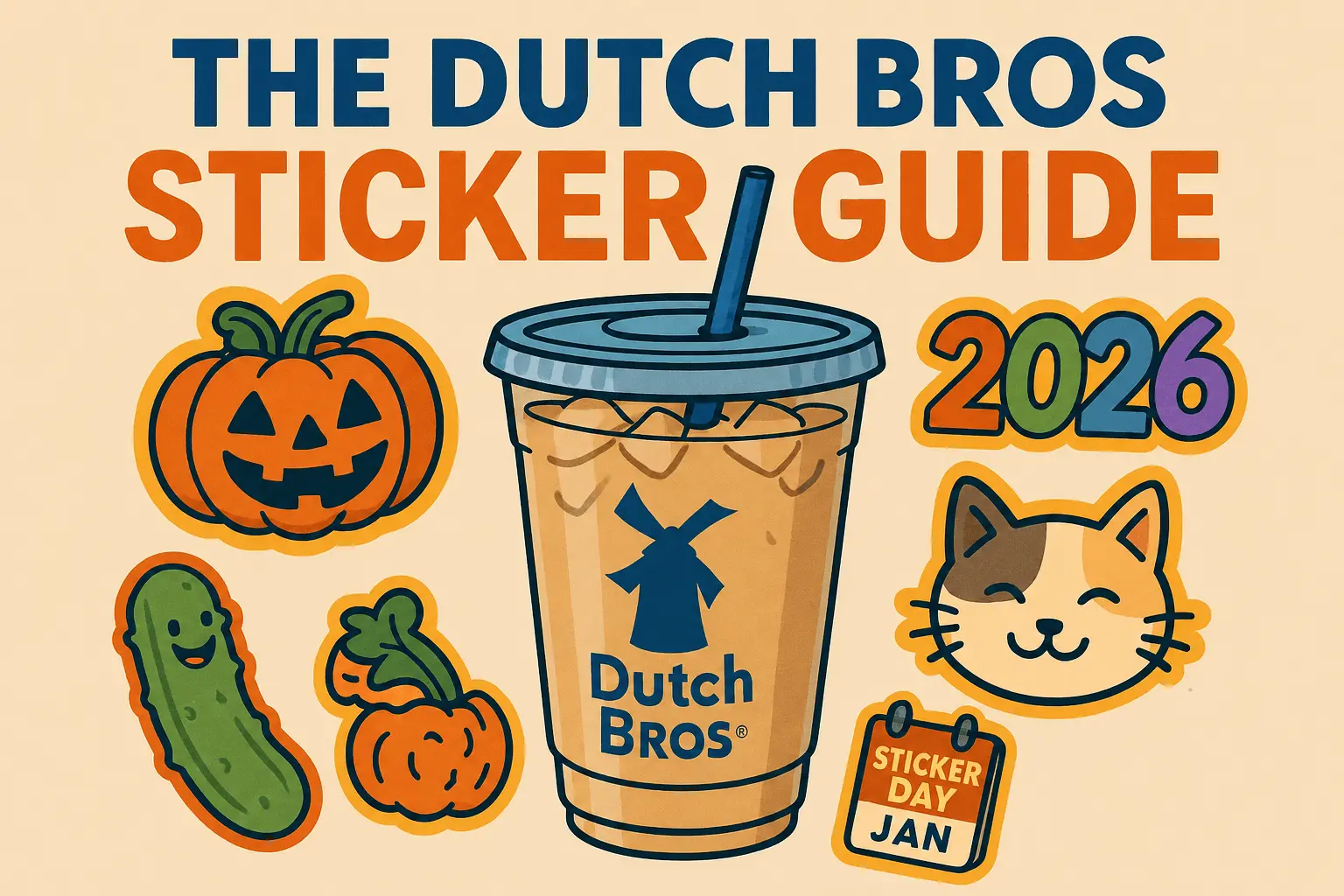 an banner image showing differet dutch bros stickers with a text saying THE DUTCH BROS STICKERS GUIDE