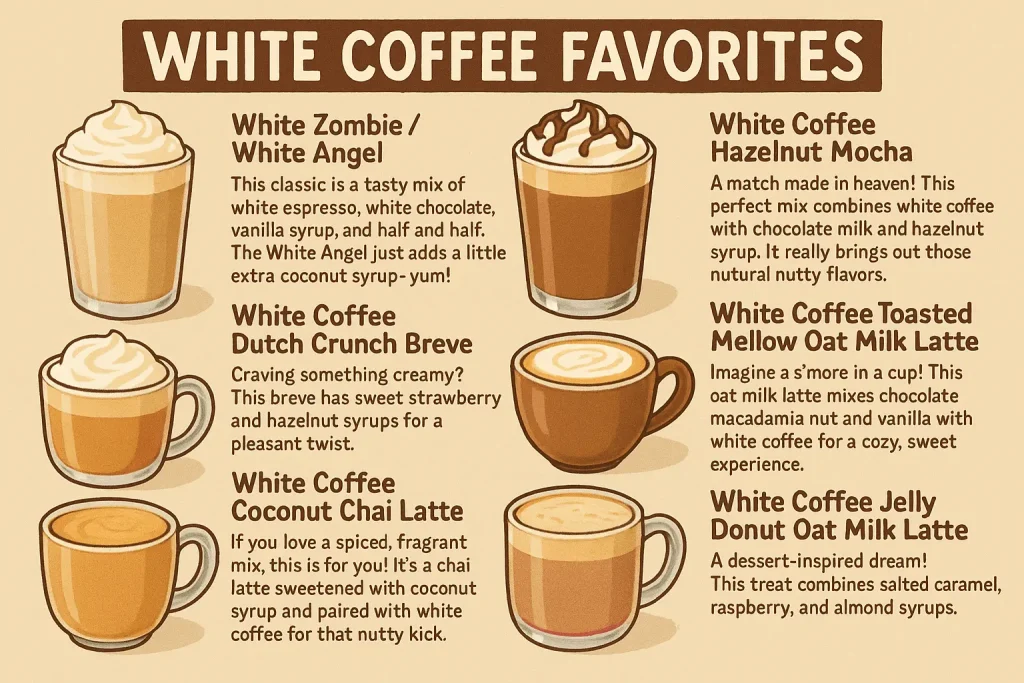 Dutch Bros White Coffee: Your Ultimate Guide to This Unique & Energizing Brew 2 Illustrated menu titled 'White Coffee Favorites' featuring six Dutch Bros-style drinks with descriptions, including White Zombie/White Angel, White Coffee Hazelnut Mocha, White Coffee Dutch Crunch Breve, White Coffee Toasted Mellow Oat Milk Latte, White Coffee Coconut Chai Latte, and White Coffee Jelly Donut Oat Milk Latte