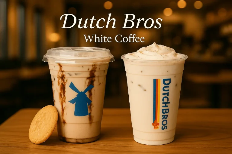 Dutch Bros white coffee drinks served iced with whipped cream and cookie