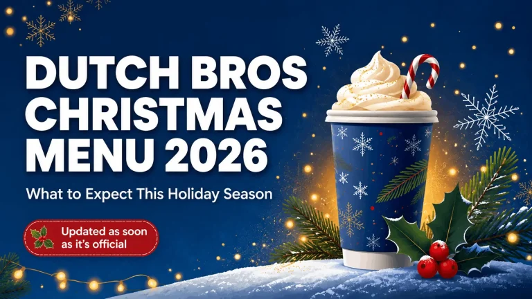 Dutch Bros Christmas menu 2026 banner with a decorated holiday coffee cup, candy cane, and snowflakes
