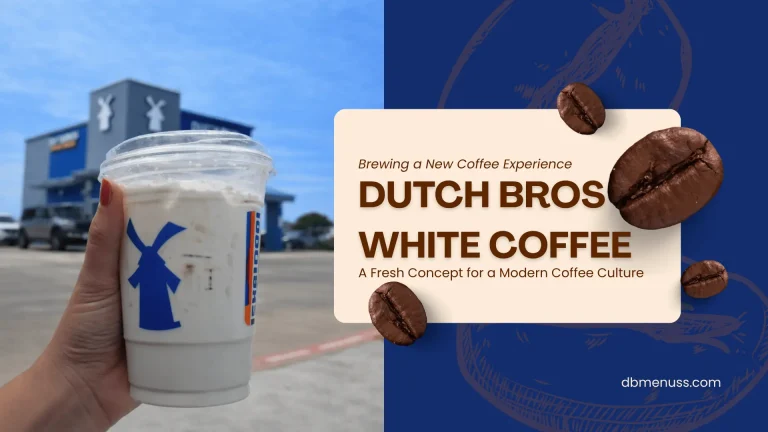 image for Dutch Bros White Coffee, showing a hand holding a white coffee cup with the blue windmill logo in front of a Dutch Bros drive-thru, alongside text "Brewing a New Coffee Experience - Dutch Bros White Coffee" and coffee beans.
