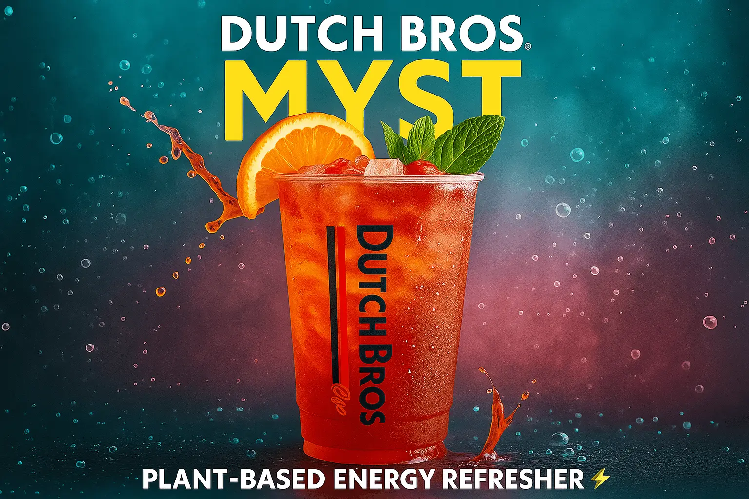 Dutch Bros Myst plant-based energy refresher with orange slice and mint.