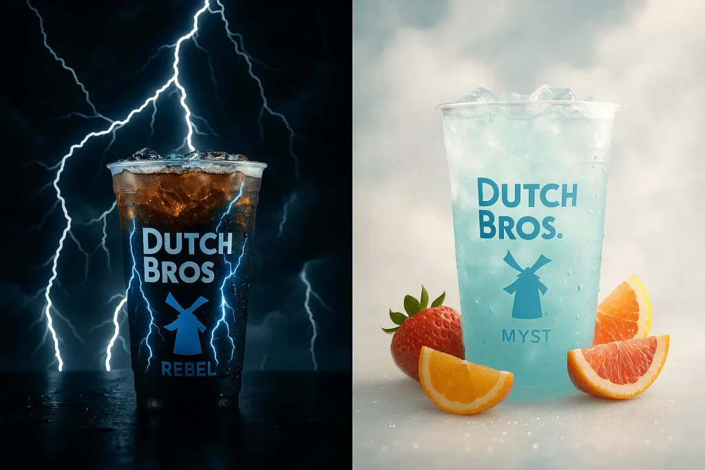 A split image contrasting two Dutch Bros energy drinks. On the left, against a dark, stormy background with white lightning strikes, is a dark-colored Dutch Bros Rebel energy drink with ice. On the right, against a soft, light-colored background, is a light blue Dutch Bros Myst energy drink with ice, surrounded by slices of orange, grapefruit, and a strawberry.