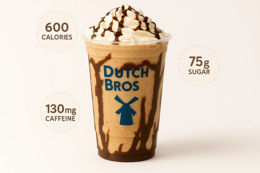 An image showing a Dutch Bros blended coffee drink (Freeze) with nutritional information floating around it. The text indicates 600 Calories, 75g Sugar, and 130mg Caffeine. The drink is drizzled with chocolate and topped with whipped cream and a dark drizzle.