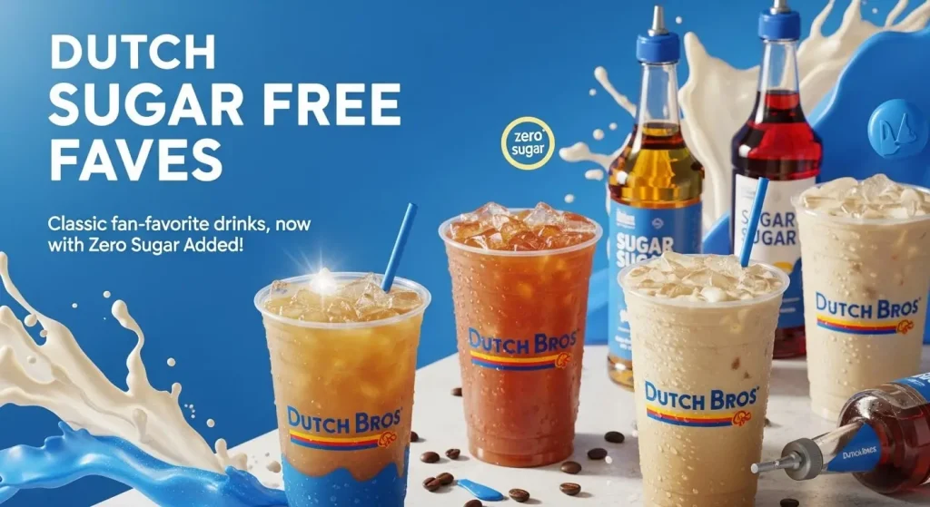 A Dutch Bros advertisement for Dutch Sugar Free Faves_ showing three large iced drinks with coffee beans