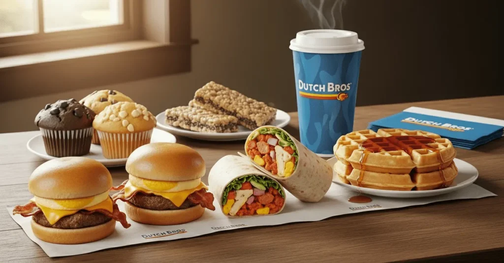 A Dutch Bros food spread featuring two breakfast sandwiches with bacon and cheese, a breakfast burrito, a stack of waffles, muffins, granola bars, and a hot beverage cup