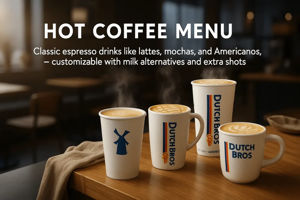 A Dutch Bros image showing four steaming hot coffee drinks—in paper cups and ceramic mugs—on a wooden table, next to text reading HOT COFFEE MENU