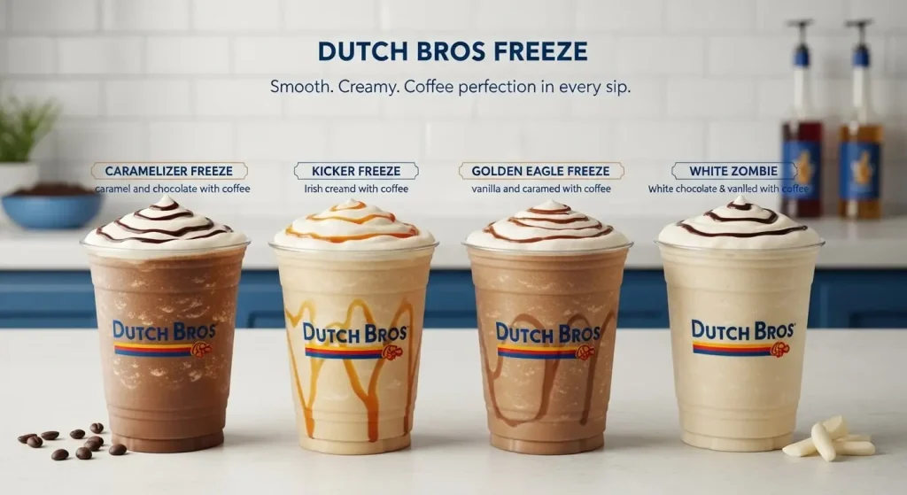 A Dutch Bros menu image showing four blended Dutch Bros Freeze drinks on a counter Caramelizer Freeze