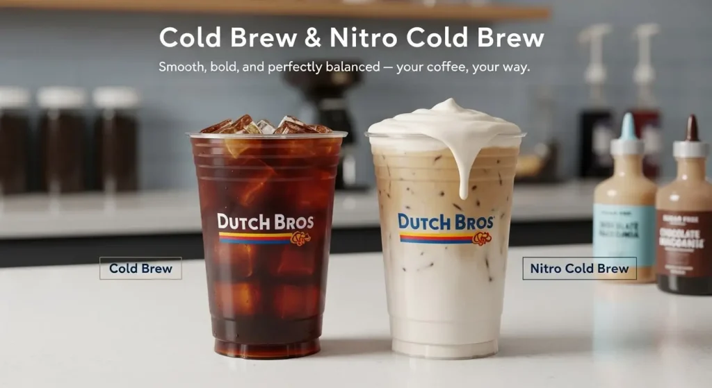 An image contrasting two Dutch Bros cold coffee drinks a dark iced Cold Brew and a lighter Nitro Cold brew