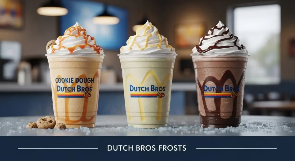 An image displaying three large Dutch Bros Frosts milkshakes topped with whipped cream and syrup