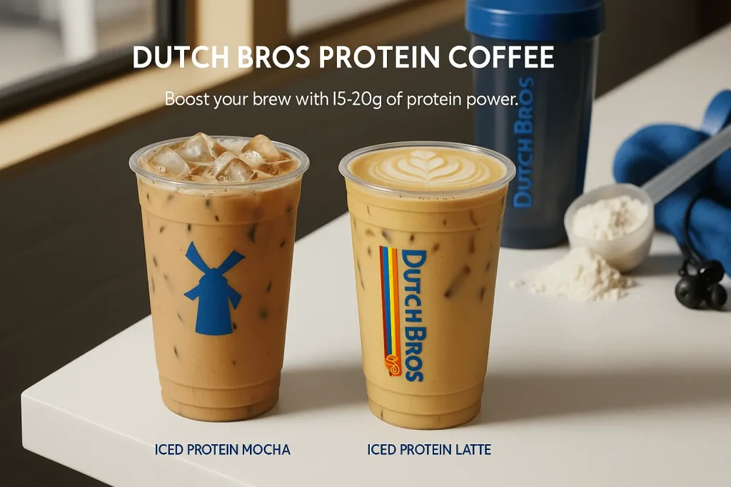 An image of two iced Dutch Bros Protein Coffee drinks an Iced Protein Mocha and a Protein Latte, with text reading Boost your brew with 15-20g of protein power-min