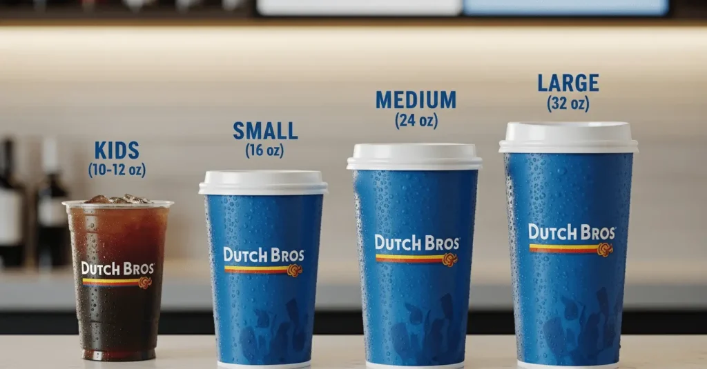 An image showing four sizes of Dutch Bros drinks, with their size names and ounces listed KIDS (10−12 oz), SMALL (16 oz), MEDIUM (24 oz), and LARGE (32 oz)
