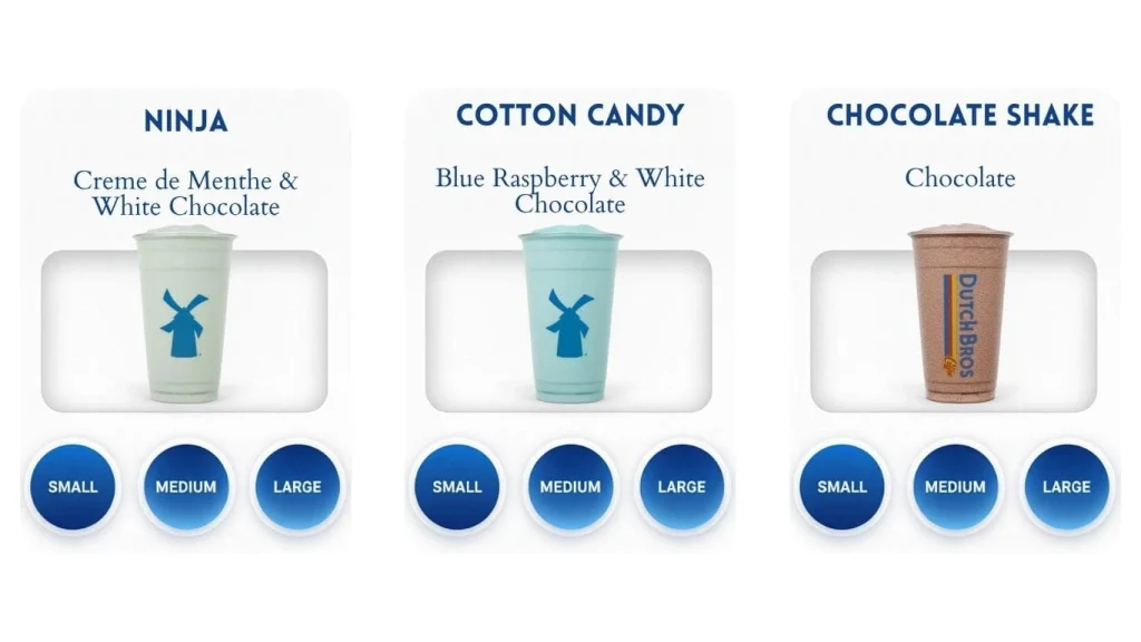 Dutch Bros menu displaying three blended drinks Ninja, Cotton Candy, and Chocolate Shake, with Small, Medium, and Large size options for each