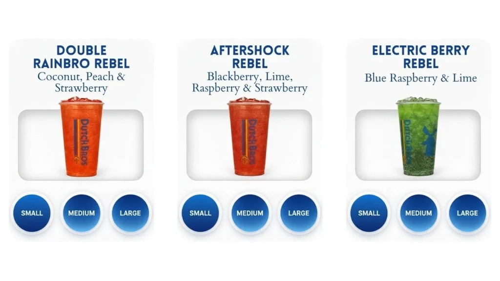 Dutch Bros menu displaying three iced energy drinks Double Rainbro Rebel, Aftershock Rebel, and Electric Berry Rebel, with Small, Medium, and Large size options for each-min