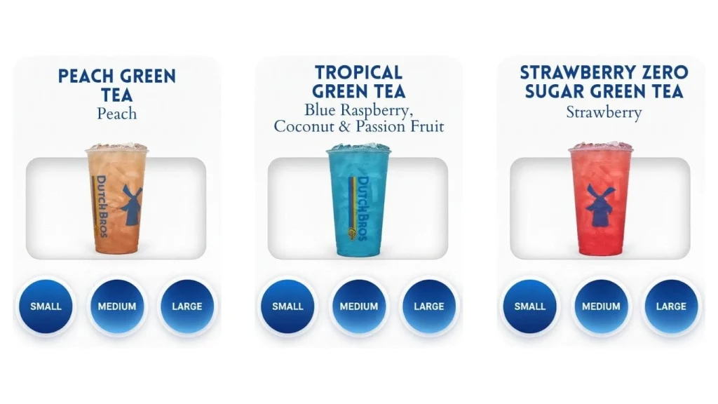 Dutch Bros menu displaying three iced green teas Peach Green Tea (Peach), Tropical Green Tea (Blue Raspberry, Coconut & Passion Fruit), and Strawberry Zero Sugar Green Tea (Strawberry), with Small, Medium, large sizes