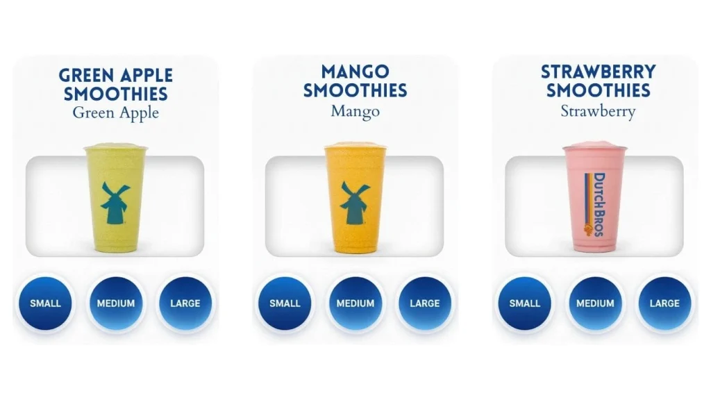 Dutch Bros menu displaying three smoothies Green Apple, Mango, and Strawberry, each with a description and Small, Medium, and Large size options