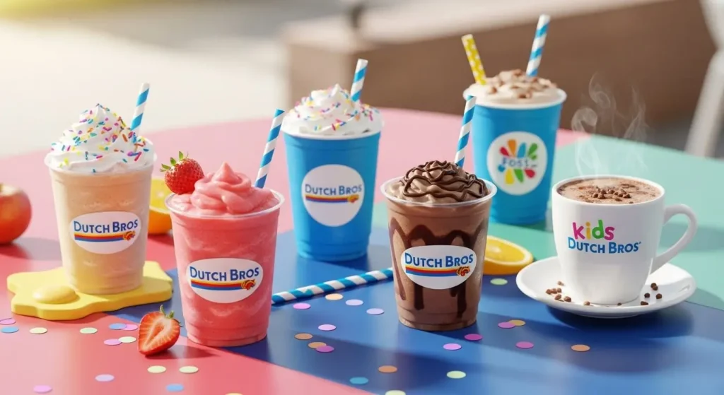 Five colorful Dutch Bros kid friendly drinks are displayed on a table with confetti including four