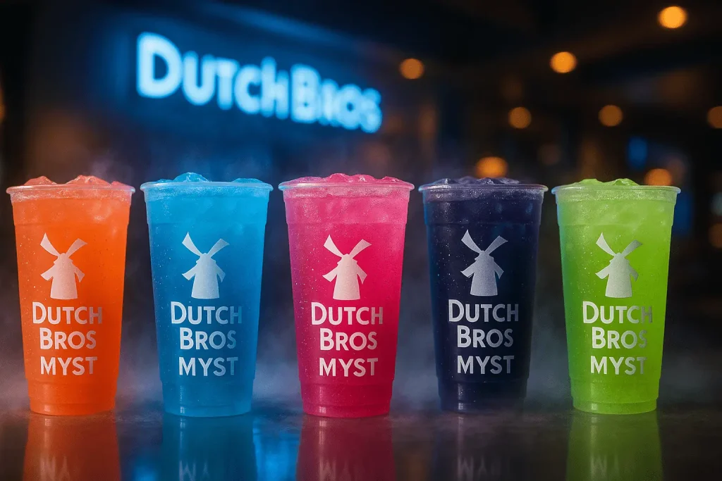 Five vibrant, ice-cold Dutch Bros MYST energy drinks in orange, blue, pink, purple, and green, lined up in front of a neon Dutch Bros sign