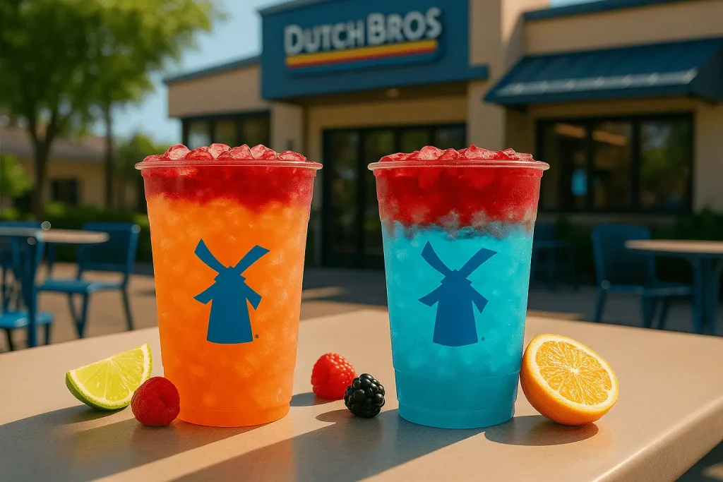 Two layered Dutch Bros iced fizz soda drinks in orange and blue, topped with red ice, garnished with fruit, and set on a table outside a Dutch Bros location