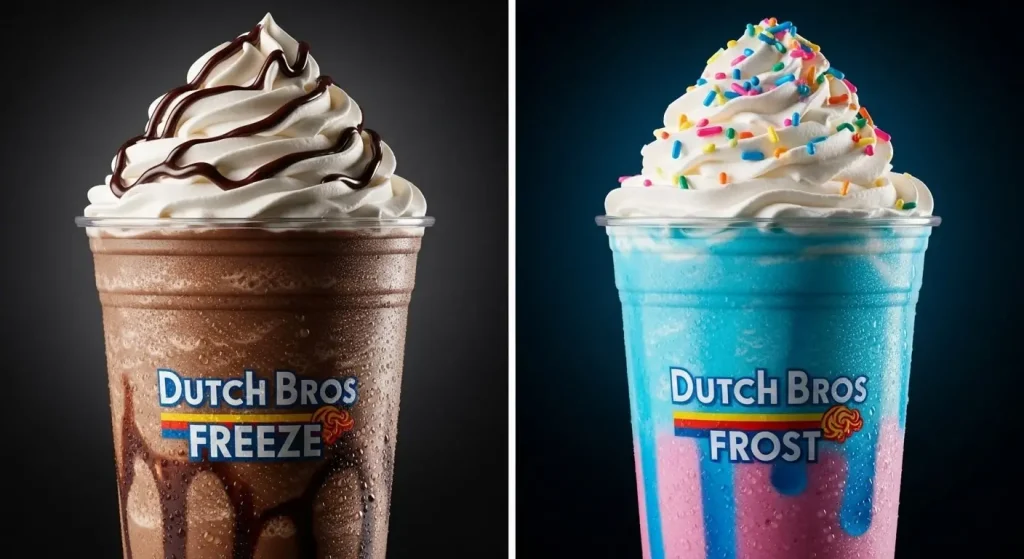 A side-by-side comparison of two blended drinks. On the left is a Dutch Bros Freeze, a chocolate-colored blended drink topped with whipped cream and a dark chocolate drizzle. On the right is a Dutch Bros Frost, a bright blue and pink layered blended drink topped with whipped cream and colorful sprinkles.