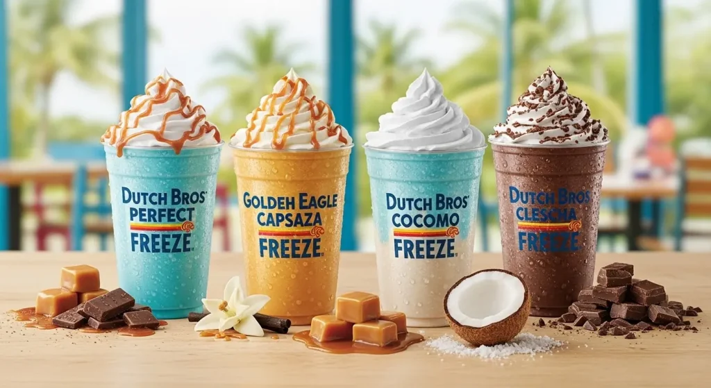 Four different flavors of Dutch Bros Freeze blended coffee drinks lined up on a wooden table. From left to right: a blue Perfect Freeze with caramel drizzle, a yellow Golden Eagle Capsaza Freeze with caramel drizzle, a white Cocomomo Freeze with plain whipped cream, and a brown Dutch Bros Clesima Freeze with a chocolate drizzle. Ingredients like caramel, chocolate, vanilla, and a coconut half are scattered in front.