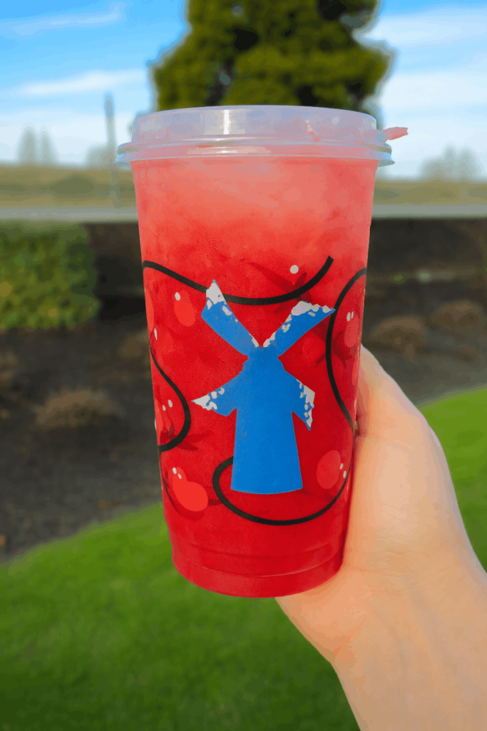 A hand holds a Dutch Bros cup with a red blended or smoothie drink, featuring a blue windmill logo and black design, set against a green grassy outdoor background.