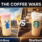 A "THE COFFEE WARS" comparison image with "Dutch Bros" on the left and "Starbucks" on the right. The left side shows a hand holding a Dutch Bros iced coffee with a windmill logo, and the right side shows a hand holding a Starbucks iced coffee with its logo. Both drinks have cold foam toppings.