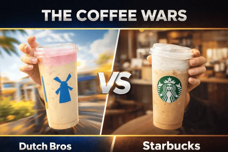 A "THE COFFEE WARS" comparison image with "Dutch Bros" on the left and "Starbucks" on the right. The left side shows a hand holding a Dutch Bros iced coffee with a windmill logo, and the right side shows a hand holding a Starbucks iced coffee with its logo. Both drinks have cold foam toppings.