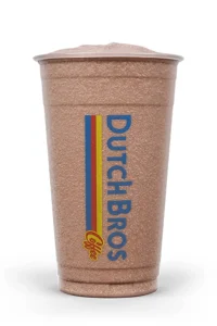 Dutch Bros Chocolate Shake in a classic brown frosty cup with the Dutch Bros logo