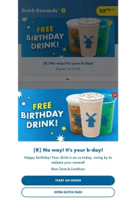 Dutch Bros birthday reward showing free drink offer in the app