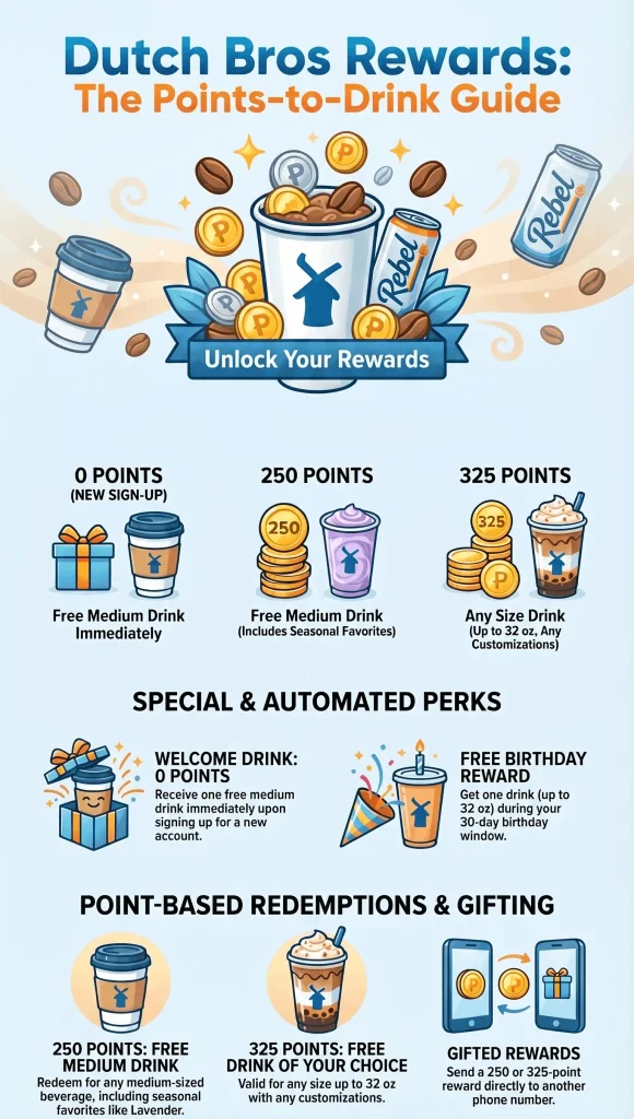Dutch Bros Rewards points guide 2026 - How many points for free drinks, birthday reward, welcome drink, and 325 point redemption